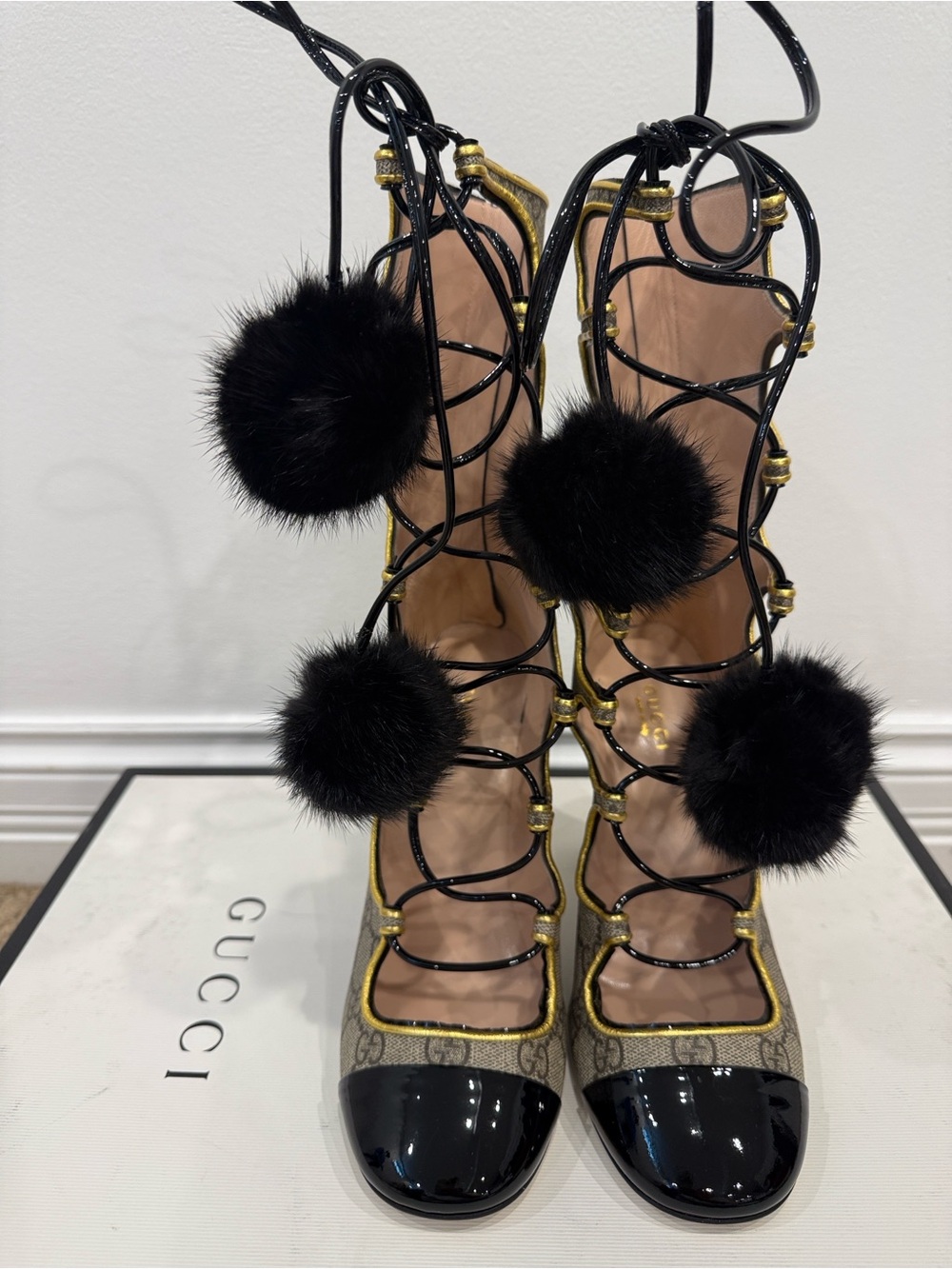 Gucci Heloise GG Supreme Pom Pom Lace Up Heels 37 Rare Runway NWT